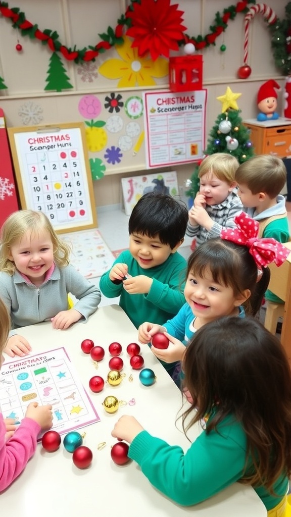 Fun Christmas Games for Preschoolers Preschoolers playing Christmas games, including bingo and ornament decorating, in a festive setting.